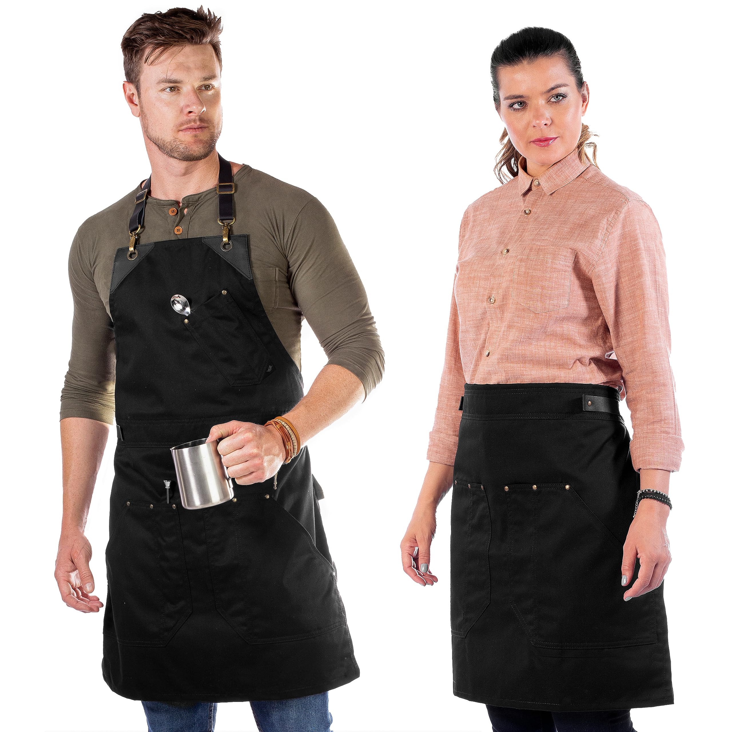 Under NY Sky Barista Apron - Black Leather Straps and Reinforcement - Riveted Pockets - Double Stiched - Leather Ring Loop - Professional Black Twill - Double as Half Bistro Apron - Chefs, Bartender