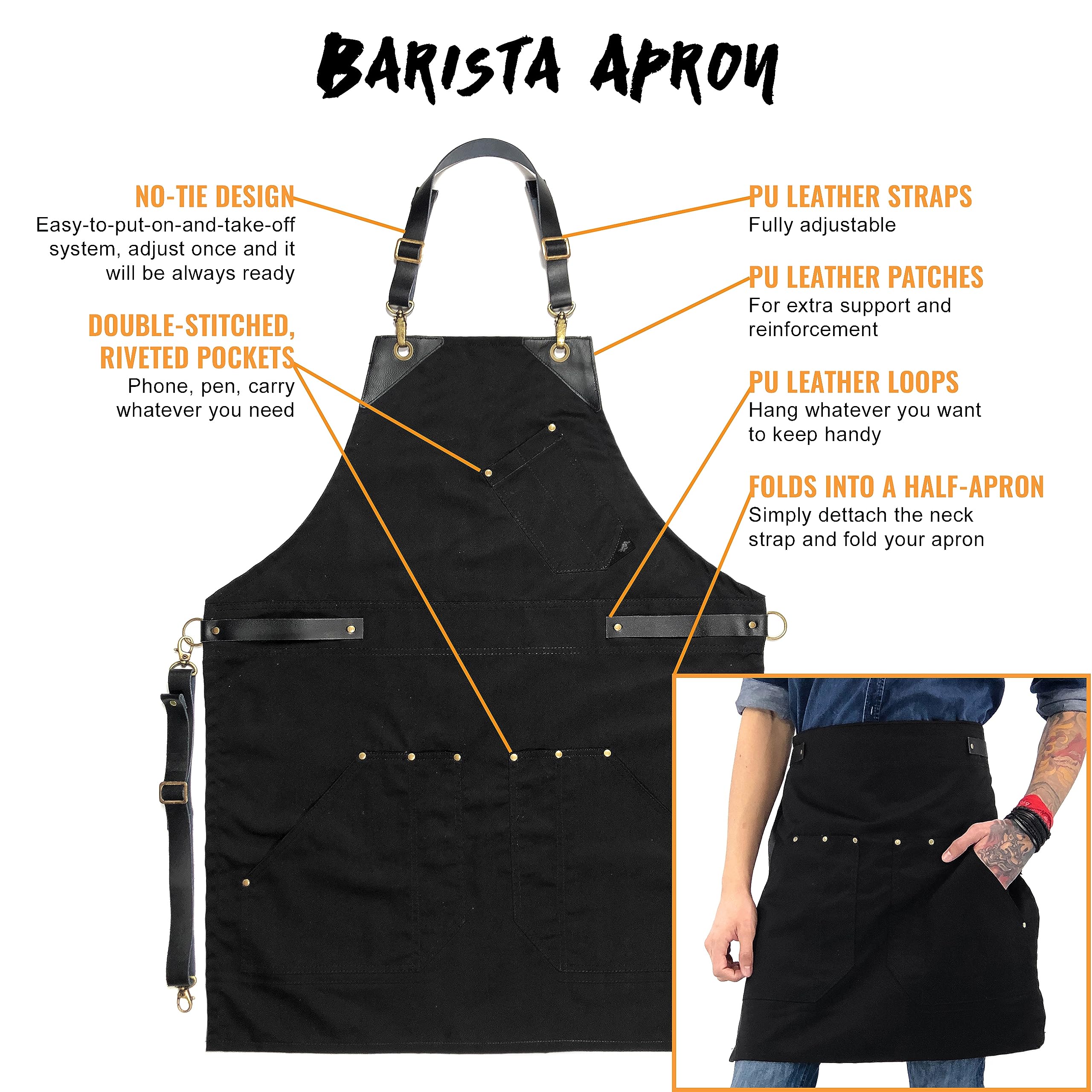 Under NY Sky Barista Apron - Black Leather Straps and Reinforcement - Riveted Pockets - Double Stiched - Leather Ring Loop - Professional Black Twill - Double as Half Bistro Apron - Chefs, Bartender