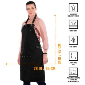 Under NY Sky Barista Apron - Black Leather Straps and Reinforcement - Riveted Pockets - Double Stiched - Leather Ring Loop - Professional Black Twill - Double as Half Bistro Apron - Chefs, Bartender