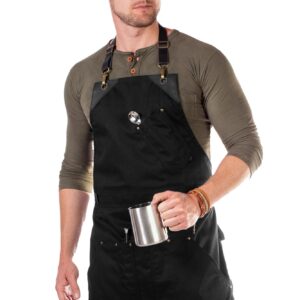 Under NY Sky Barista Apron - Black Leather Straps and Reinforcement - Riveted Pockets - Double Stiched - Leather Ring Loop - Professional Black Twill - Double as Half Bistro Apron - Chefs, Bartender