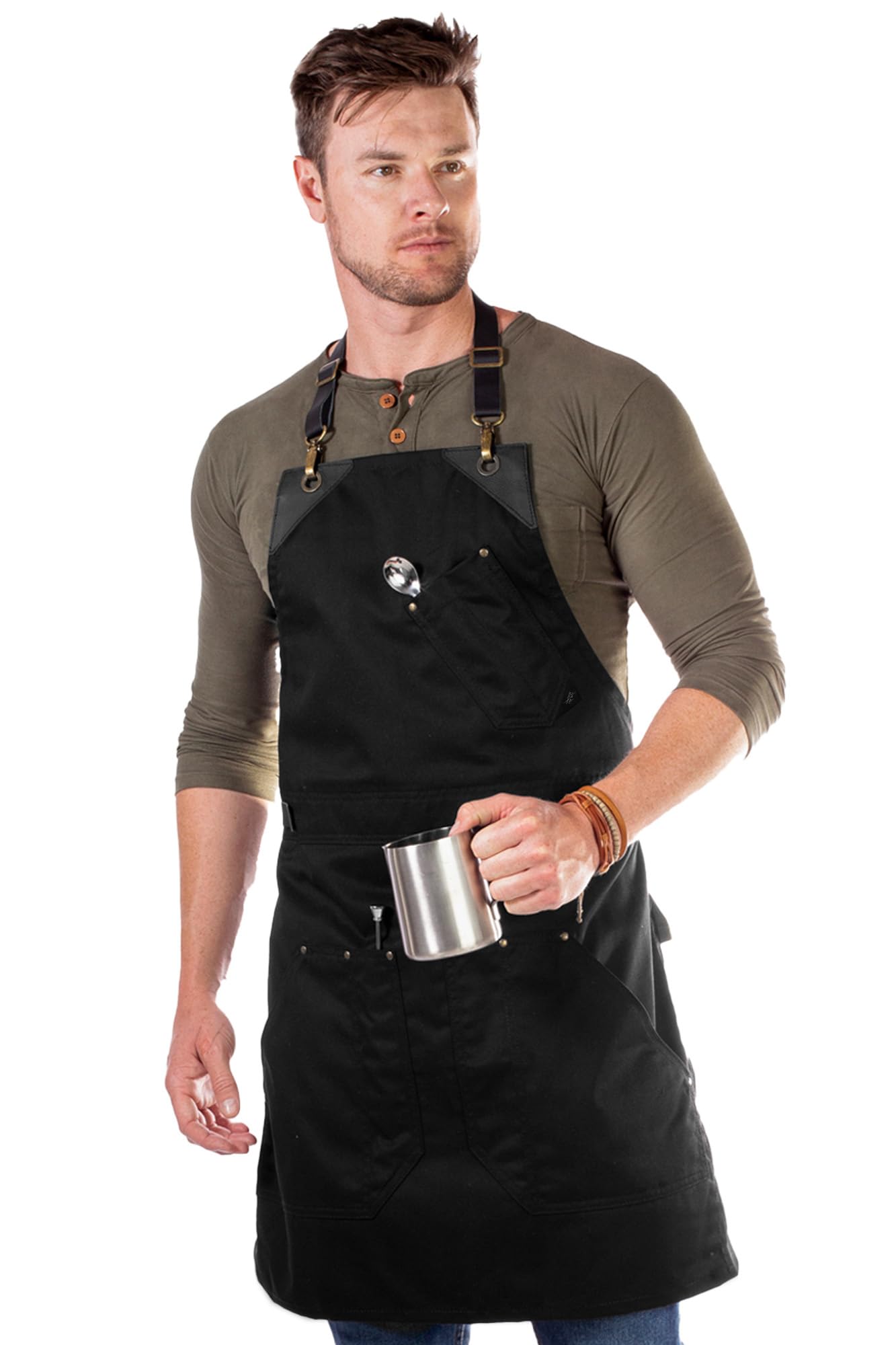 Under NY Sky Barista Apron - Black Leather Straps and Reinforcement - Riveted Pockets - Double Stiched - Leather Ring Loop - Professional Black Twill - Double as Half Bistro Apron - Chefs, Bartender