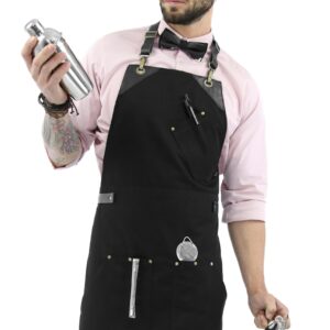 Under NY Sky Barista Apron - Black Leather Straps and Reinforcement - Riveted Pockets - Double Stiched - Leather Ring Loop - Professional Black Twill - Double as Half Bistro Apron - Chefs, Bartender