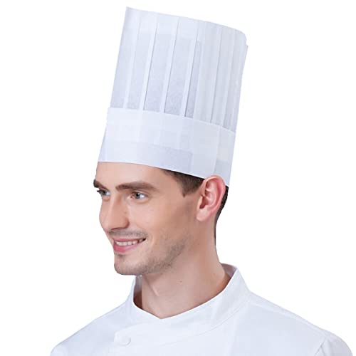 Hyzrz 20 Pack Disposable Non-Woven Fabric Paper Fiber Fabric Chef Hats for Kids, Adults, Adjustable Unisex White Kitchen Caps Bulk Set (Flat, Medium)