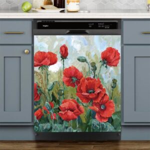 red flower magnetic decal,dishwasher cover magnet decorative,fridge magnet flower door decal, oil painting farm flower, appliances cabinet cover sticker 23x26inch
