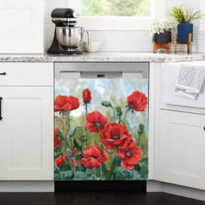 Red Flower Magnetic Decal,Dishwasher Cover Magnet Decorative,Fridge Magnet Flower Door Decal, Oil Painting Farm Flower, Appliances Cabinet Cover Sticker 23x26inch