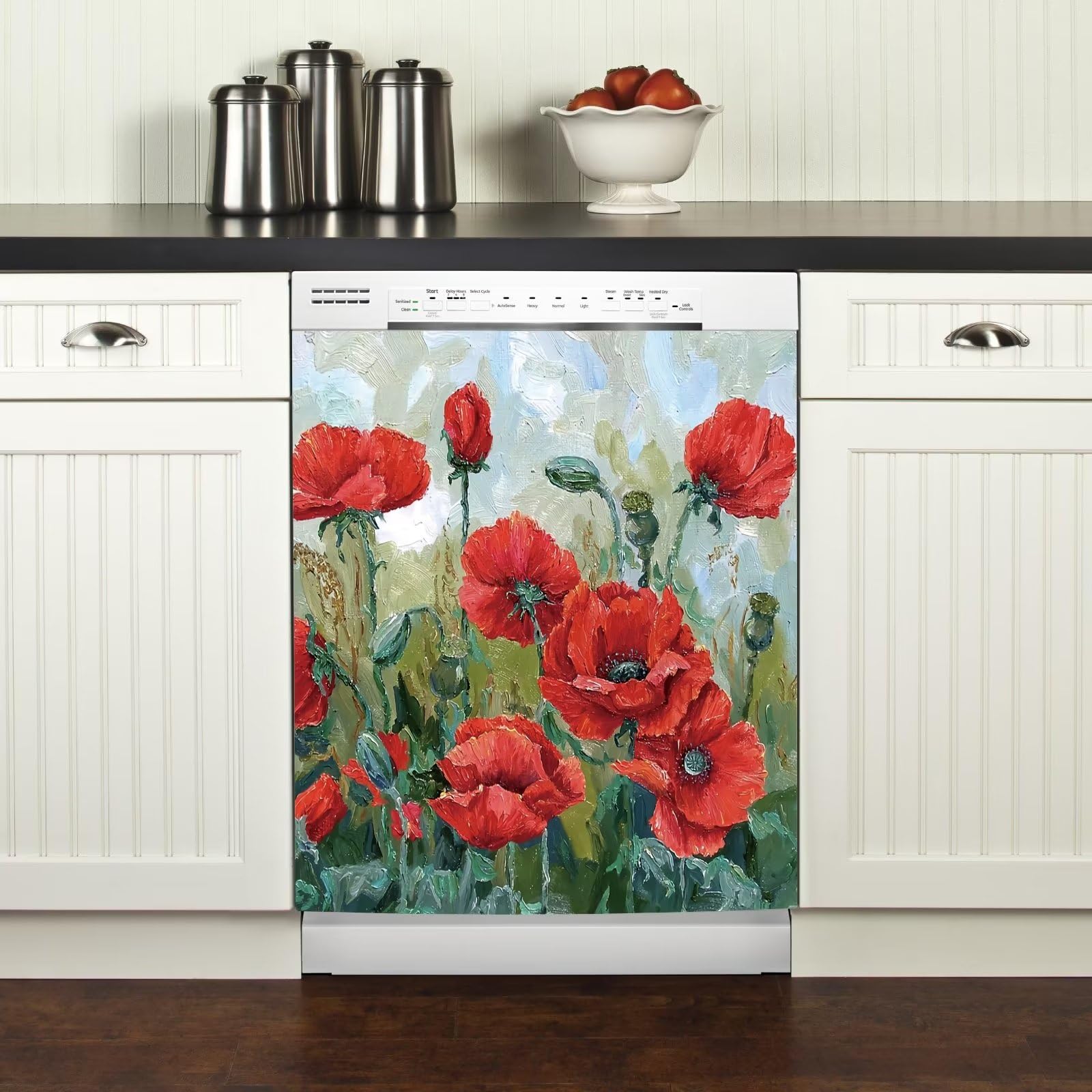 Red Flower Magnetic Decal,Dishwasher Cover Magnet Decorative,Fridge Magnet Flower Door Decal, Oil Painting Farm Flower, Appliances Cabinet Cover Sticker 23x26inch