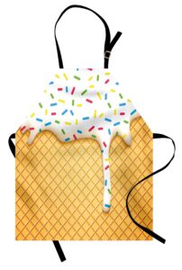 ambesonne food apron, cartoon like image of and melting ice cream cones colored sprinkles print, unisex kitchen bib with adjustable neck for cooking gardening, adult size, multicolor yellow