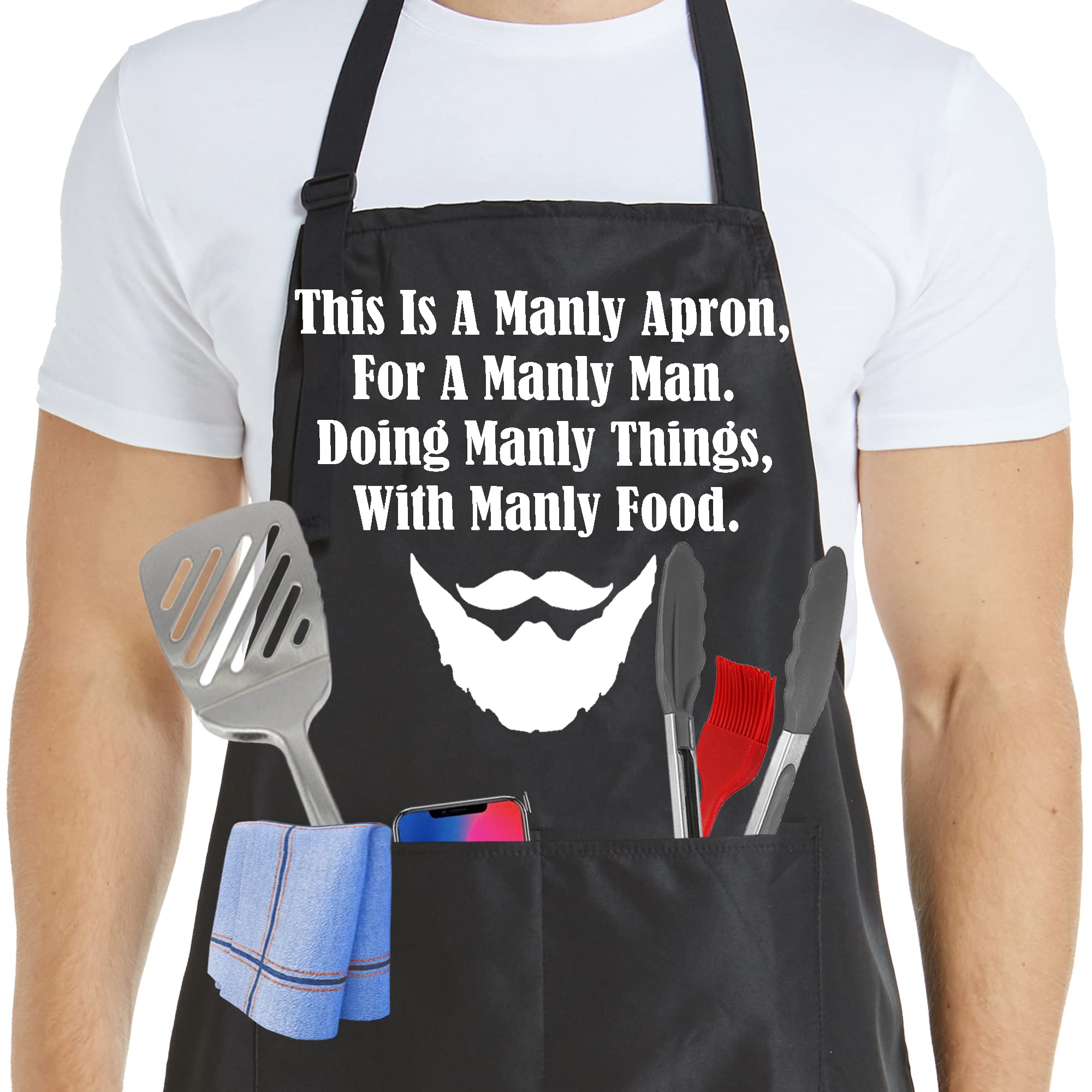 Firecos Funny Aprons for Men, BBQ Kitchen Chef Apron for Men, Grilling Aprons, Kitchen Cooking BBQ Grill Chef Apron with 2 Pockets Aprons for for Dad, Mens Gifts