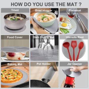 Pack 2, Aidacom Microwave Mat & Food Cover- 12" Mat as Bowl Holder, Cover for Splatter Guard, Multi-use: Silicone Trivet, Pot Holders, Drying, Baking, Placemat, Utensils Rest for Kitchen Counter, Grey