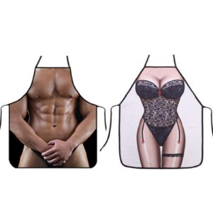 funny gag sexy bikini aprons - 2 pack waterproof apron novelty kitchen cooking apron party aprons naked man & bikini girl novelty aprons for couples (black man+lace lady)
