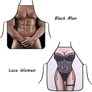 Funny Gag Sexy Bikini Aprons - 2 Pack Waterproof Apron Novelty Kitchen Cooking Apron Party Aprons Naked Man & Bikini Girl Novelty Aprons for Couples (Black Man+Lace Lady)