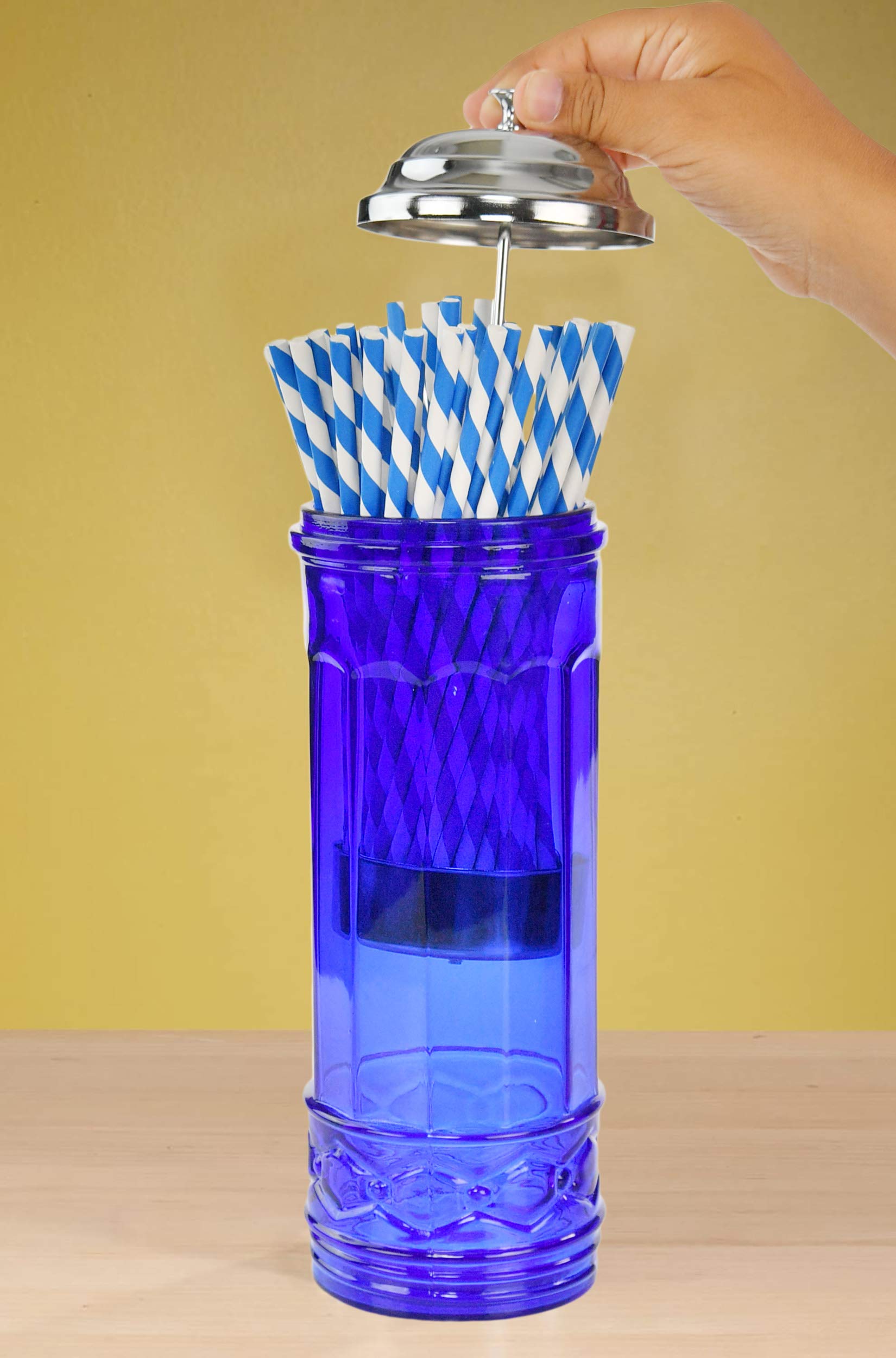 HOME-X Cobalt Blue Glass Straw Dispenser, Straw Holder, Vintage Home Kitchen Accessories, Pop Up Stra Lid Dispenser, Depression Style