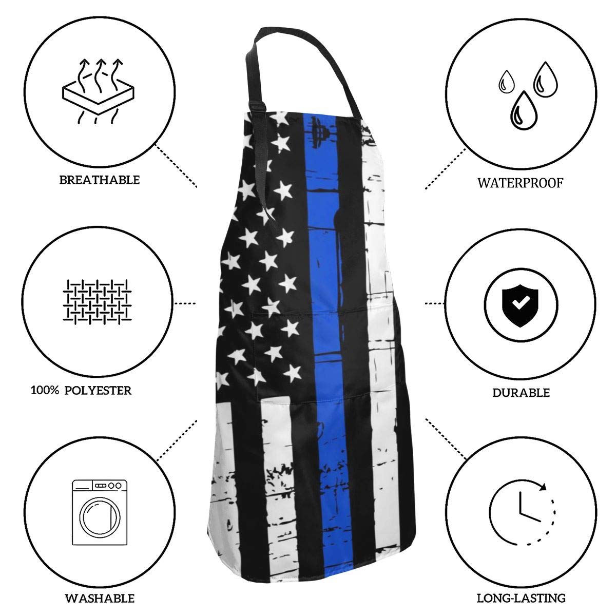 Granbey Blue Lives Matter Cooking Chef Apron Usa Police Flag Baking Aprons Patriotic Kitchen Bib Fourth of July Bibs Waterproof Polyester Bbq Apron with Pockets and with Adjustable Neck Straps Aprons