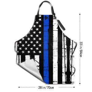 Granbey Blue Lives Matter Cooking Chef Apron Usa Police Flag Baking Aprons Patriotic Kitchen Bib Fourth of July Bibs Waterproof Polyester Bbq Apron with Pockets and with Adjustable Neck Straps Aprons