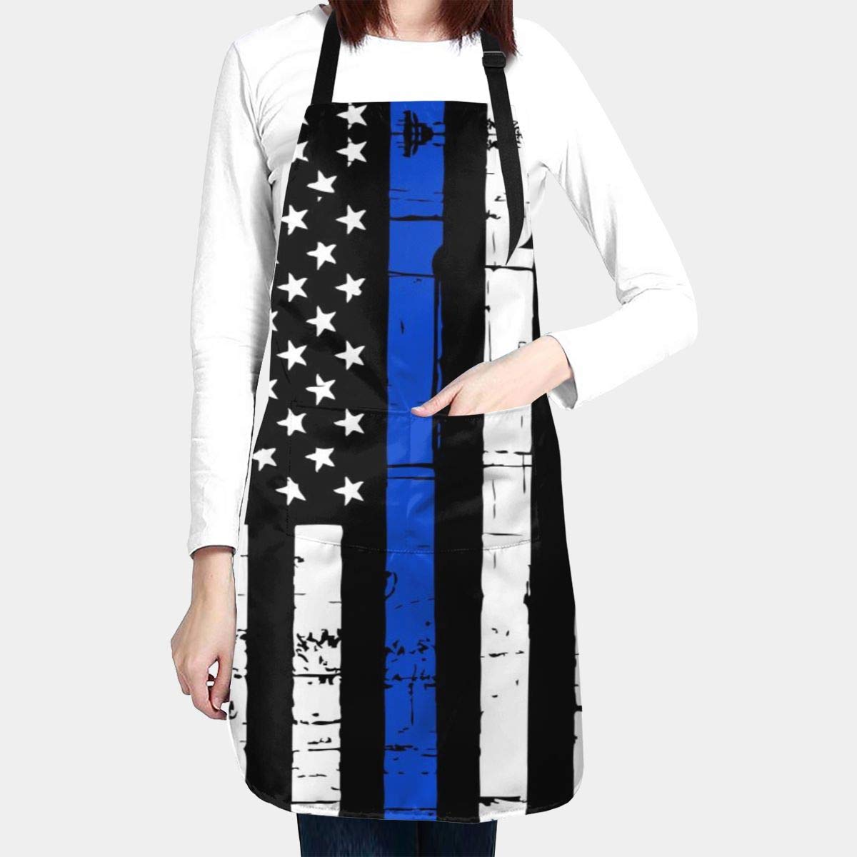 Granbey Blue Lives Matter Cooking Chef Apron Usa Police Flag Baking Aprons Patriotic Kitchen Bib Fourth of July Bibs Waterproof Polyester Bbq Apron with Pockets and with Adjustable Neck Straps Aprons