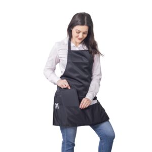 black full length clip-on bib apron with 5 pockets and zipper pouch - easy to clean - great for servers, cooking, kitchen, cleaning, teacher, arts & crafts, home. adjustable 25"-48" waist size.