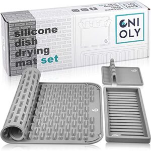 onioly silicone dish drying mat for kitchen counter - 17.8" x 15.8" quick drying mat - 12” sink sponge holder - 5.4" utensil organizer (gray)