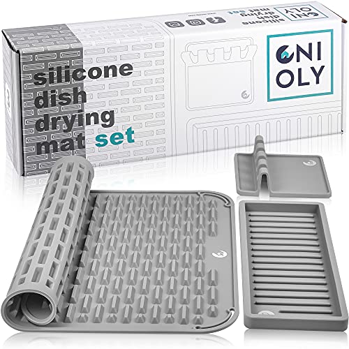 ONIOLY Silicone Dish Drying Mat for Kitchen Counter - 17.8" x 15.8" Quick Drying Mat - 12” Sink Sponge Holder - 5.4" Utensil Organizer (Gray)