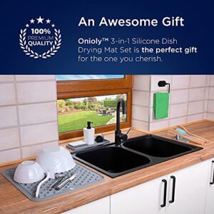 ONIOLY Silicone Dish Drying Mat for Kitchen Counter - 17.8" x 15.8" Quick Drying Mat - 12” Sink Sponge Holder - 5.4" Utensil Organizer (Gray)