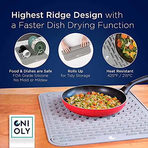 ONIOLY Silicone Dish Drying Mat for Kitchen Counter - 17.8" x 15.8" Quick Drying Mat - 12” Sink Sponge Holder - 5.4" Utensil Organizer (Gray)