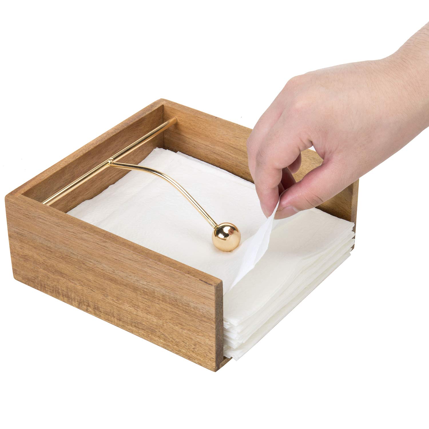 MyGift Premium Acacia Wood Napkin Holder for Table, Square Tabletop Napkin Dispenser with Brass Tone Weighted Arm