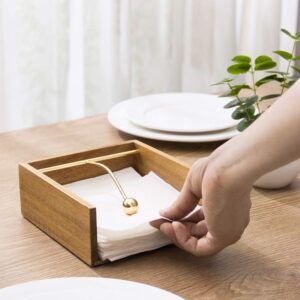 MyGift Premium Acacia Wood Napkin Holder for Table, Square Tabletop Napkin Dispenser with Brass Tone Weighted Arm