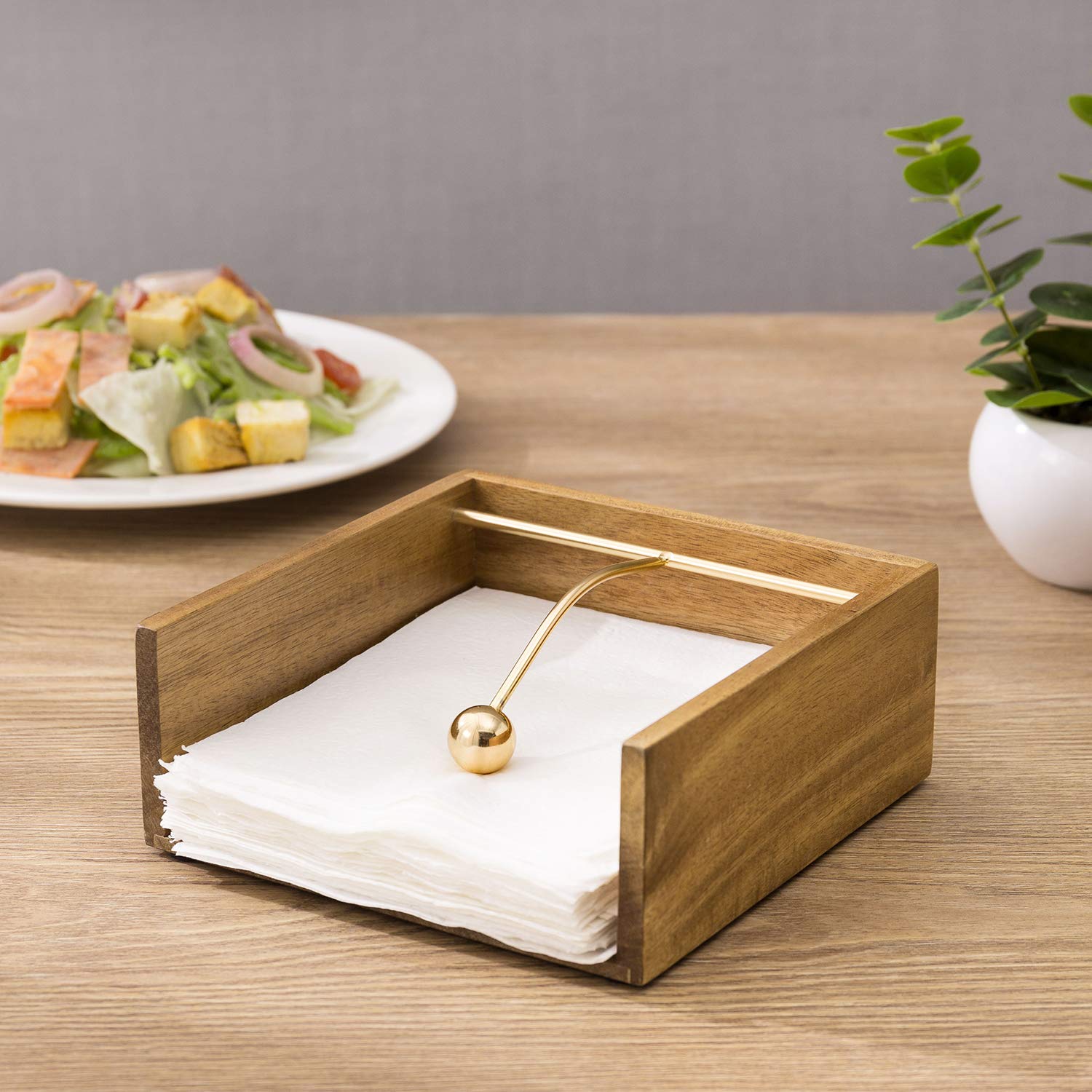 MyGift Premium Acacia Wood Napkin Holder for Table, Square Tabletop Napkin Dispenser with Brass Tone Weighted Arm