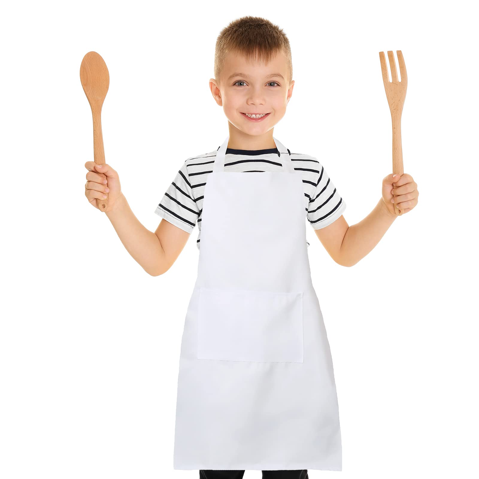 MissOwl 8 Pcs Waterproof Kids Apron with Pockets Chef Artists Child Bib Cooking Baking Painting for Boys and Girls White