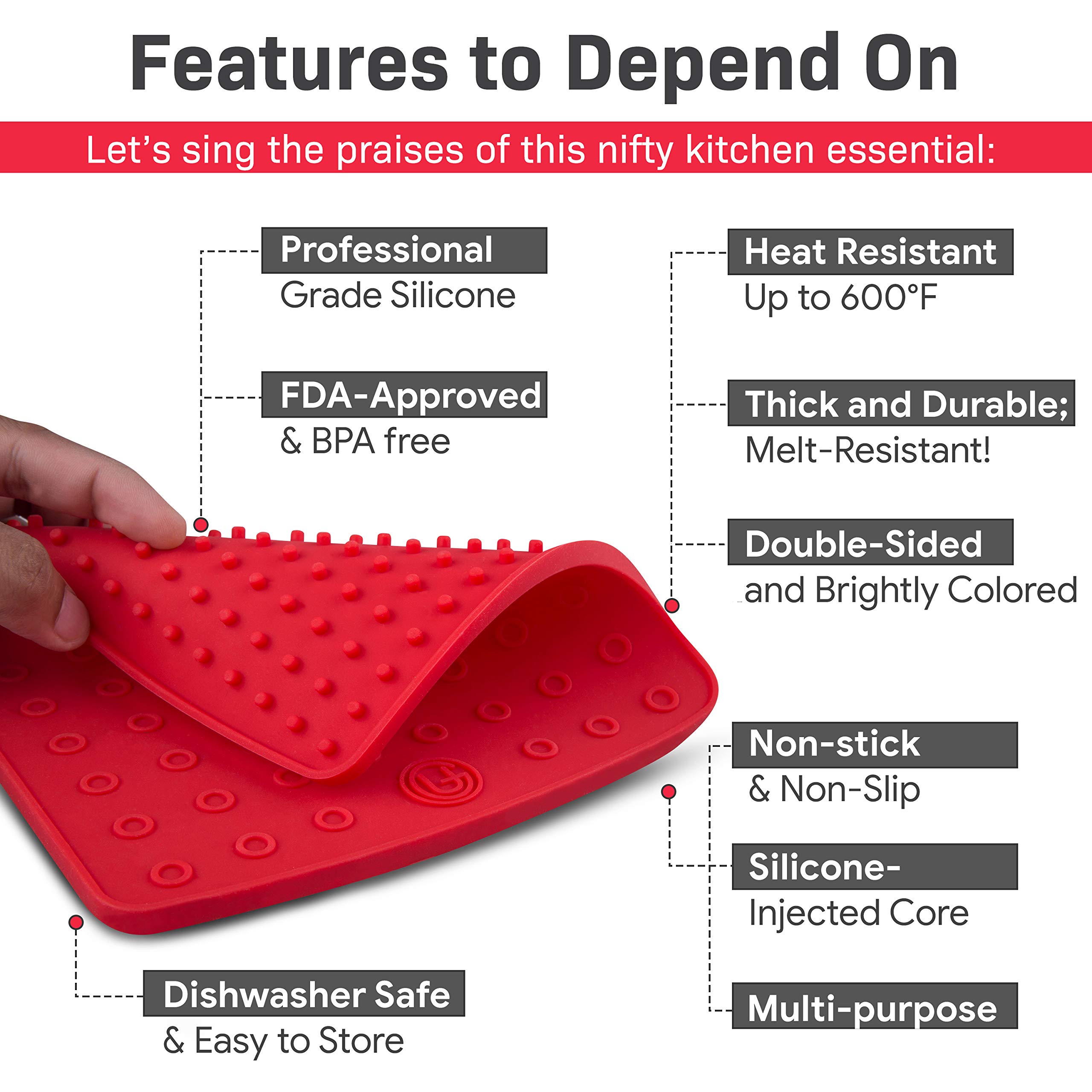 Premium Silicone Pot Holder for Pots/Pans | Multipurpose Trivets | Hot Pad, Spoon Rest, Coaster and More | 2 Pads | Featuring Heat Resistant Core Tech | UpGood Pro Series (Cool Kitchen Tools, Red)