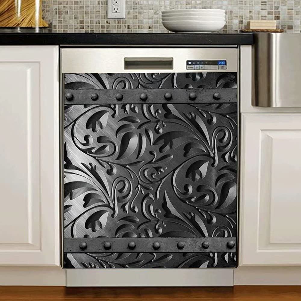 Black Floral Dishwasher Magnet Metal Flower Cover,Engraved Dark Pattern Sticker for Fridge,Refrigerator Magnetic Panel Decals,Home Appliances Cabinet Magnets