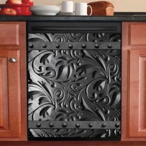 Black Floral Dishwasher Magnet Metal Flower Cover,Engraved Dark Pattern Sticker for Fridge,Refrigerator Magnetic Panel Decals,Home Appliances Cabinet Magnets