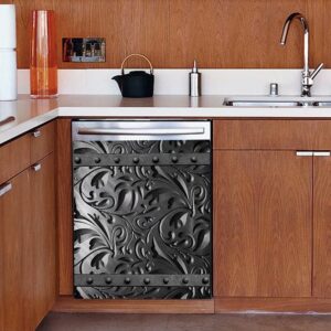 Black Floral Dishwasher Magnet Metal Flower Cover,Engraved Dark Pattern Sticker for Fridge,Refrigerator Magnetic Panel Decals,Home Appliances Cabinet Magnets