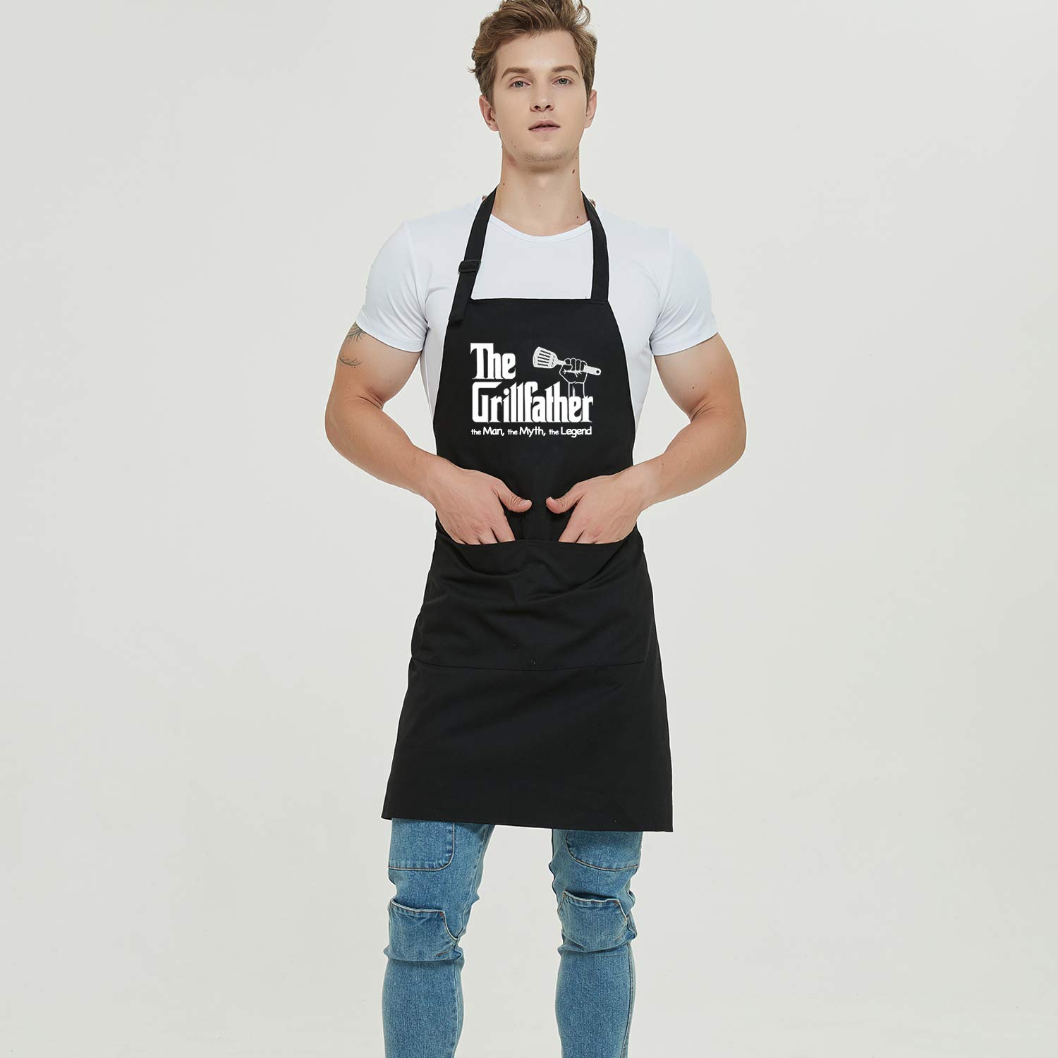 Febmeib 100% Cotton Waterproof Oil Proof Thick and Durable Chef Apron with 2 Big Pockets,Funny Apron for Men/Women,The Grillfather, Kitchen Cooking BBQ Grill, Bib Adjustable