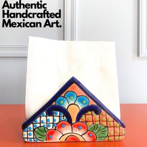 Ceramic Cocktail Napkin Holder - Authentic Mexican Pottery - for Kitchen Countertop | Dinner Table | Indoor & Outdoor Use Tissue and Letter Holder - Mexican Style Talavera Servilletero (Multicolor)