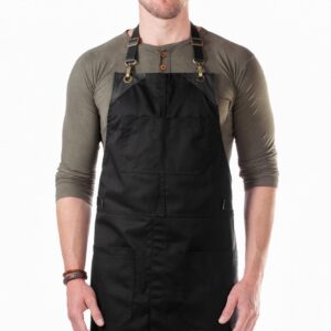 Under NY Sky No-Tie Black Apron with Full Grain Leather Straps – Durable Twill, Split-Leg, Adjustable for Men and Women – Pro Chef, Pastry, Tattoo Artist, Barista, Bartender, Stylist, Server Aprons