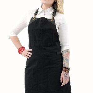 Under NY Sky No-Tie Black Apron with Full Grain Leather Straps – Durable Twill, Split-Leg, Adjustable for Men and Women – Pro Chef, Pastry, Tattoo Artist, Barista, Bartender, Stylist, Server Aprons