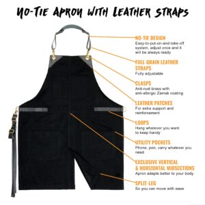 Under NY Sky No-Tie Black Apron with Full Grain Leather Straps – Durable Twill, Split-Leg, Adjustable for Men and Women – Pro Chef, Pastry, Tattoo Artist, Barista, Bartender, Stylist, Server Aprons