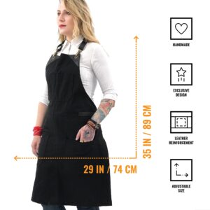 Under NY Sky No-Tie Black Apron with Full Grain Leather Straps – Durable Twill, Split-Leg, Adjustable for Men and Women – Pro Chef, Pastry, Tattoo Artist, Barista, Bartender, Stylist, Server Aprons