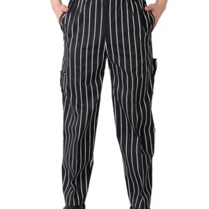 Men’s Classic Multi Pocket Baggy Chef Pant Black White Stripe Cargo Style Chef Uniforms L