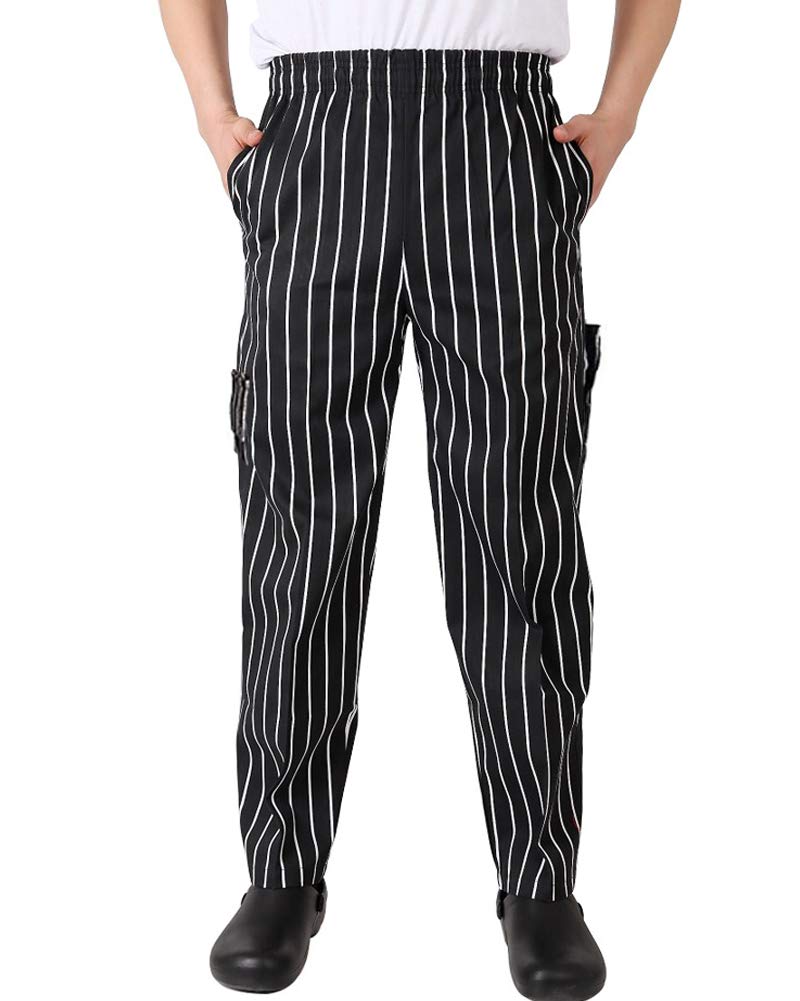 Men’s Classic Multi Pocket Baggy Chef Pant Black White Stripe Cargo Style Chef Uniforms L