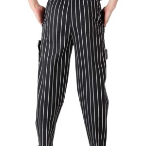 Men’s Classic Multi Pocket Baggy Chef Pant Black White Stripe Cargo Style Chef Uniforms L