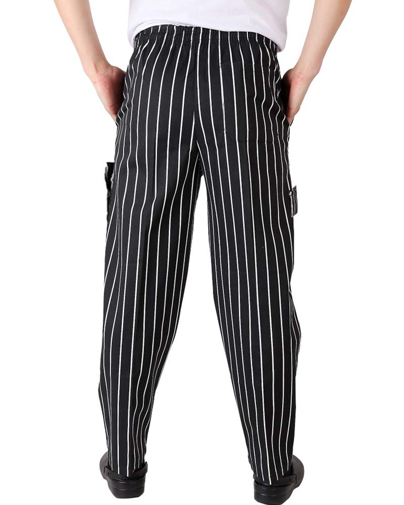 Men’s Classic Multi Pocket Baggy Chef Pant Black White Stripe Cargo Style Chef Uniforms L