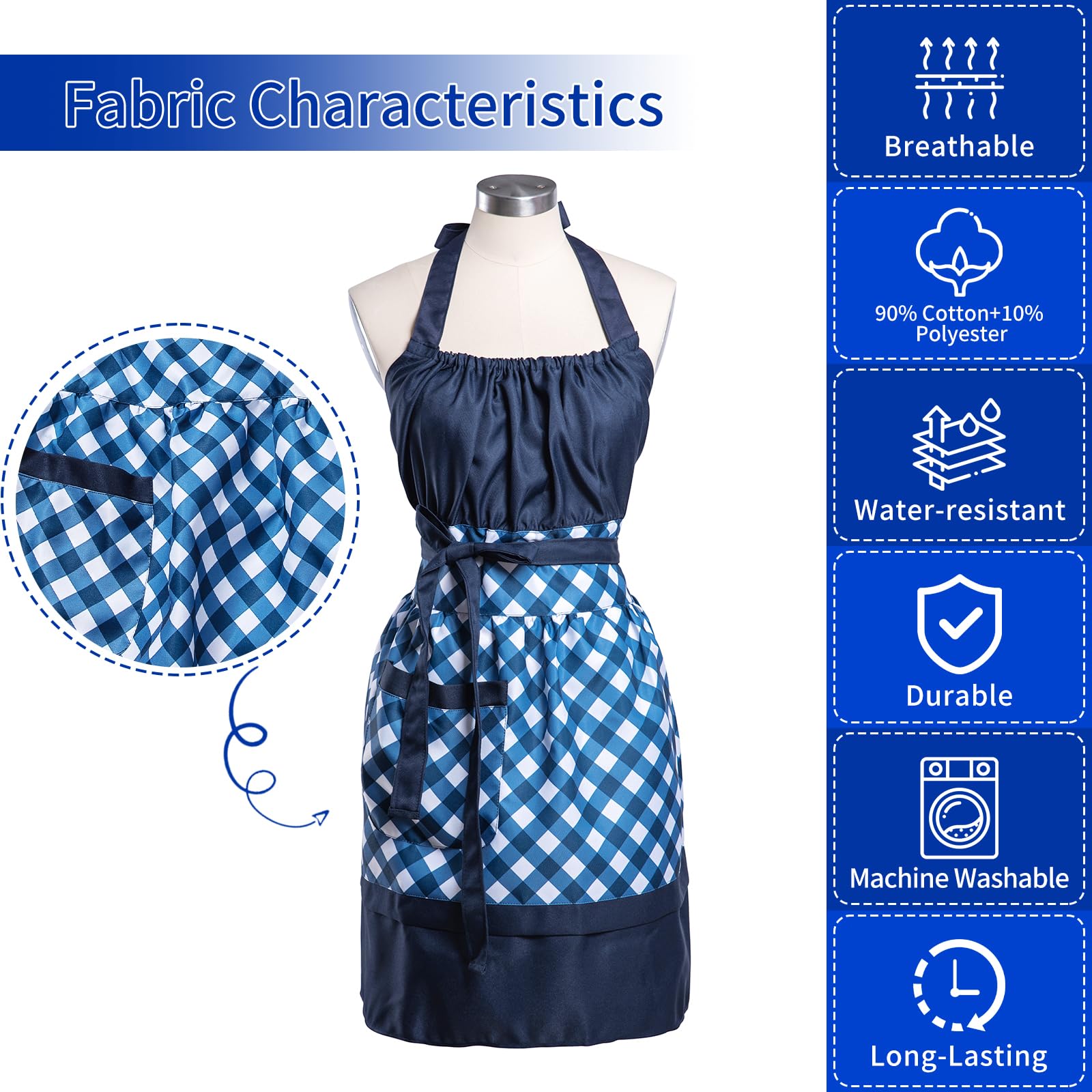 Alex Virtue Lovely Flower Pattern Retro Aprons With Large Pockets for Women Girls Cooking Kitchen Bakery Mother's Gift (Blue Plaid)