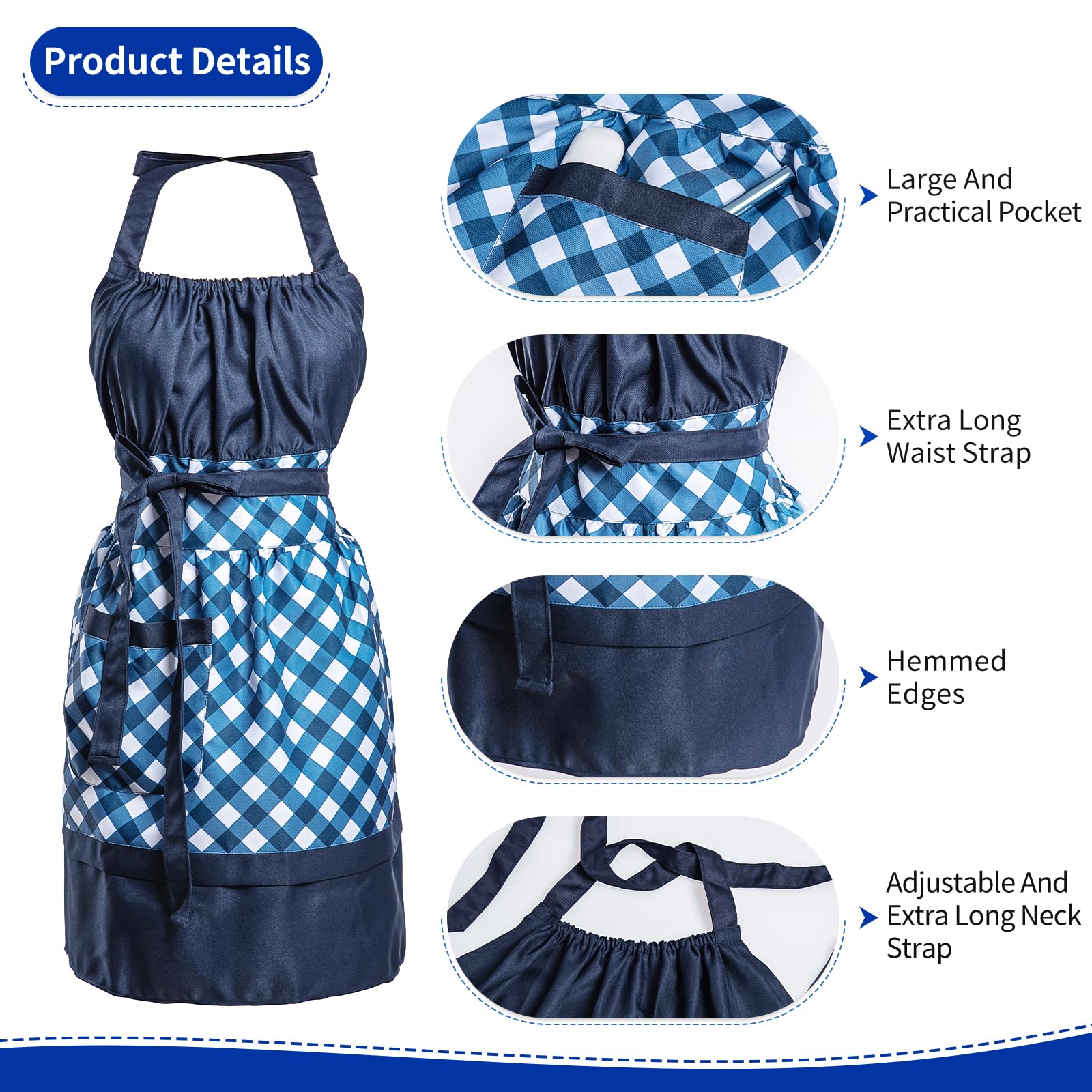 Alex Virtue Lovely Flower Pattern Retro Aprons With Large Pockets for Women Girls Cooking Kitchen Bakery Mother's Gift (Blue Plaid)