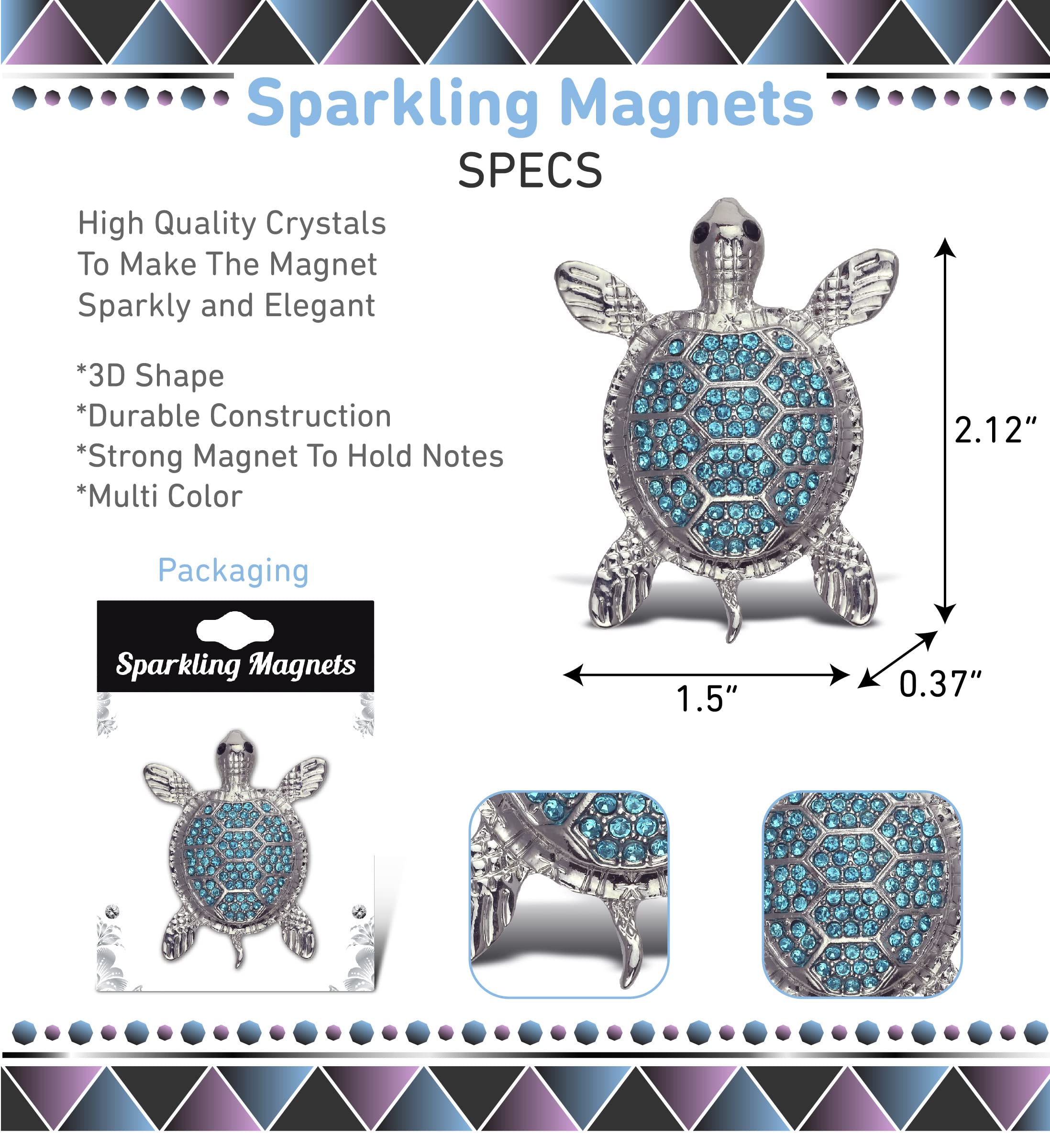 Aqua79 Blue Sea Turtle Sparkling Refrigerator Magnet - Silver Sparkling Charm Rhinestones Crystals, Sparkly Animal Magnet for Kitchen Door Fridge, Cool Home and Office Novelty Decor – 2.12 Inch