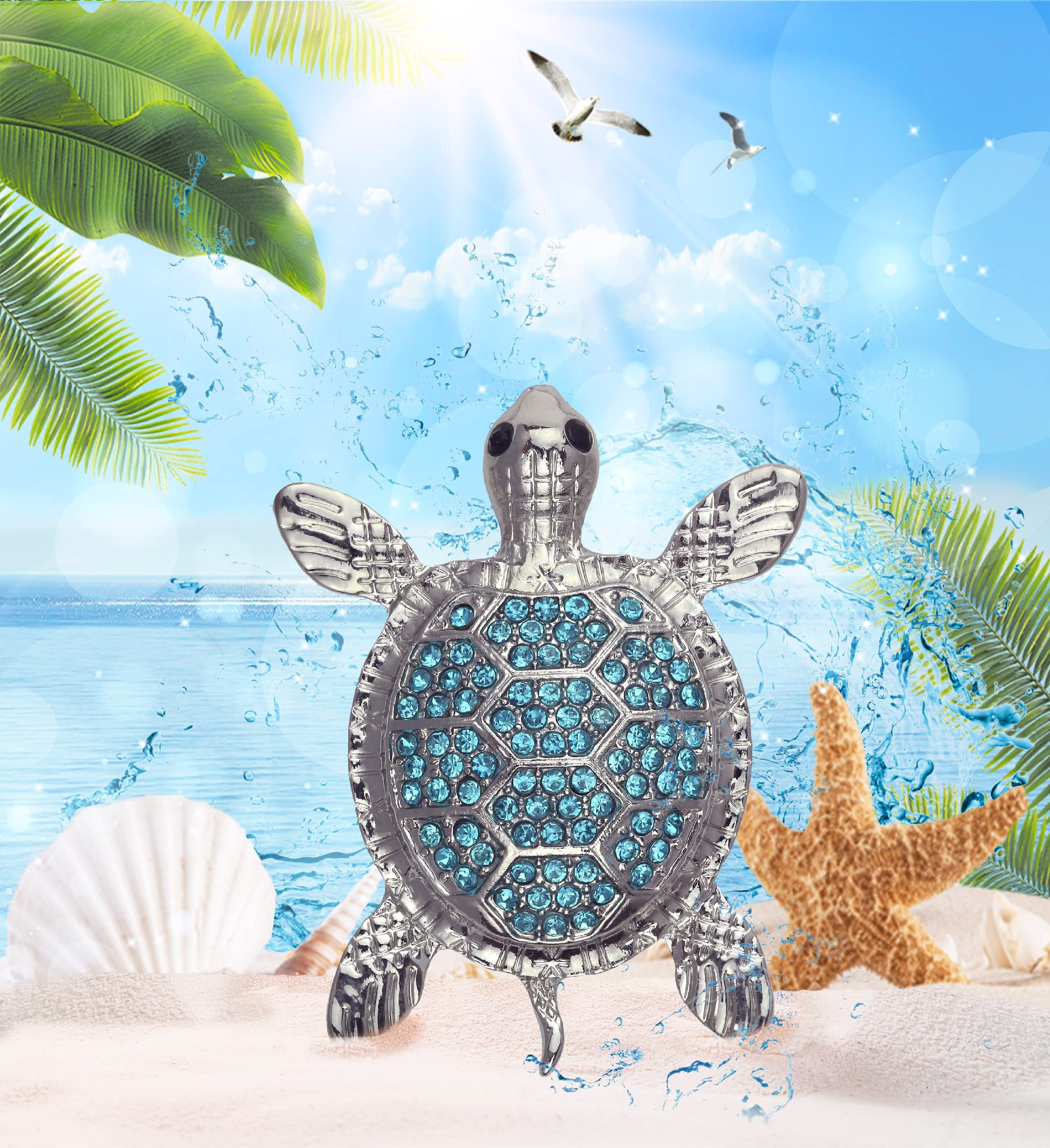 Aqua79 Blue Sea Turtle Sparkling Refrigerator Magnet - Silver Sparkling Charm Rhinestones Crystals, Sparkly Animal Magnet for Kitchen Door Fridge, Cool Home and Office Novelty Decor – 2.12 Inch