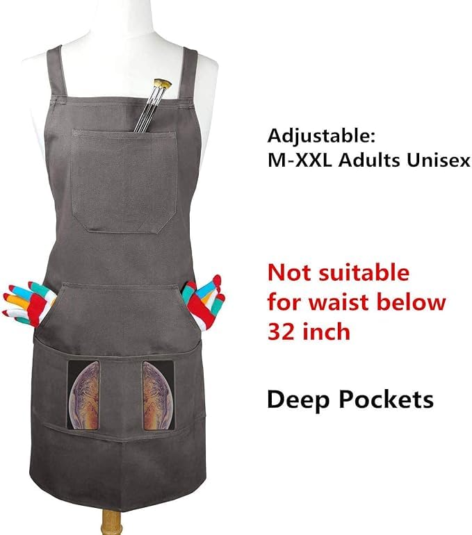 Sturdy Thick Professional Artist Apron, Cross Back + Fasten/Quick Release Buckle + 6 Pockets with 1 Zipper Pocket + 2 Towel Loops For Artist Kitchen, Adjustable M to XXL, 27"X31" - 100% Cotton Canvas