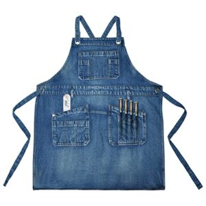 upguider denim apron with pockets adjustable cooking apron jean apron with multi pockets for kitchen cooking bbq gardening (blue)