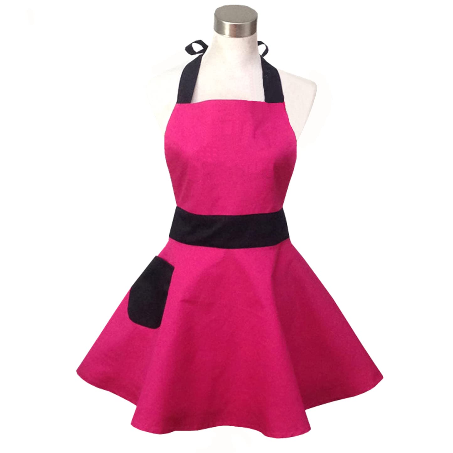 Hyzrz Lovely Hot Pink Retro Kitchen Aprons for Woman Girl Cotton Cooking Salon Pinafore Vintage Apron Dress