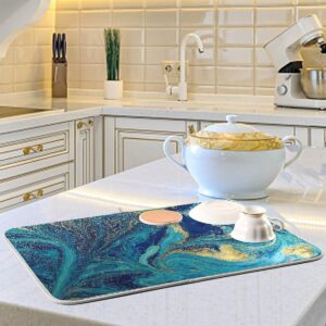 Marble Texture Blue Golden Dish Drying Mat 18x24 Inch Teal Turquoise Marbled Print Kitchen Counter Drying Mat Microfiber Dish Drying Rack Pad Reversible Dish Drainer Mats Washable Heat-Resistant